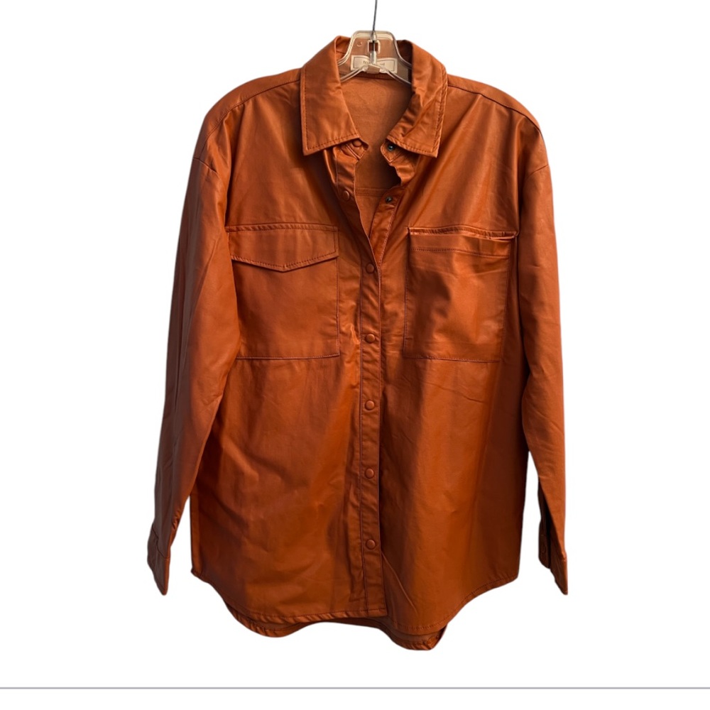 No comment faux leather snap button shirt